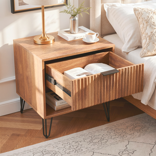 Sunvega Modern Glam Nightstand with Gold Metal Legs and Textured Drawer