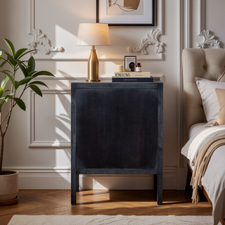 Sunvega Modern Ash Black Faux Leather Nightstand with Three Shiny Knobs