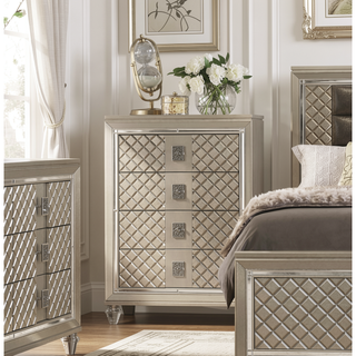 Sunvega Glamorous Champagne Finish Nightstand with 2 Dovetail Drawers and Beveled Mirror Trim