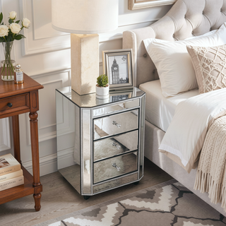 Sunvega Mirrored Nightstand with 3 Drawers Silver Beaded Trim and Glass Knobs