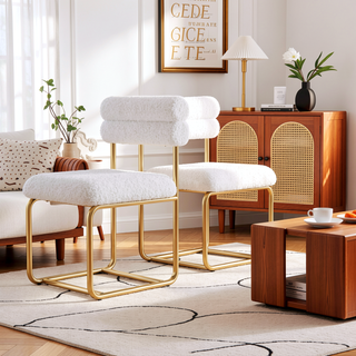 Sunvega Set of Two White Teddy Plush Dining Chairs with Golden Wrought Iron Legs