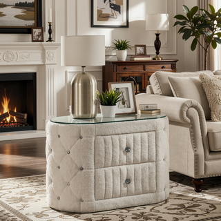 Sunvega Ivory Upholstered Nightstand with Two Spacious Drawers and Glass Top