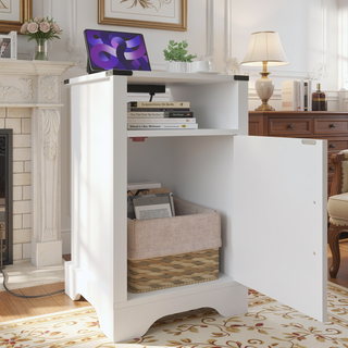 Sunvega White Oak Farmhouse Nightstand with Charging Station and Ample Storage