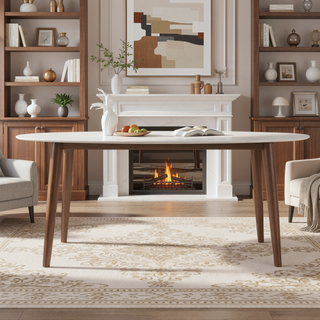 Sunvega Mid Century Modern Style Solid Wood White Top Oval Dining Table