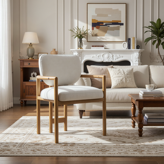 Sunvega Upholstered Arm Chairs Set of 2 with White Fabric Seating and Rubber Wood Frame