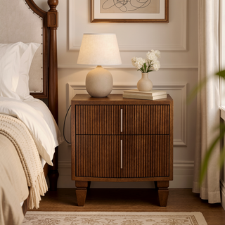 Sunvega Solid Mango Wood Nightstand with Grooved Drawers and Brass Handles