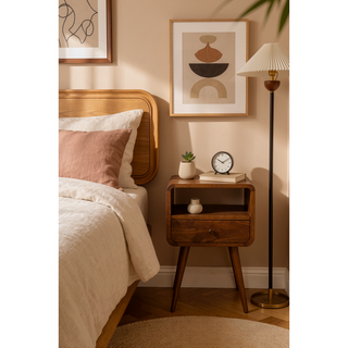 Sunvega Chestnut Brown Solid Wood Mini Curve Bedside with Drawer and Open Slot