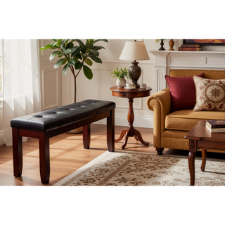 Sunvega Modern Bench with Tufted Leather-Look Seat and Tapered Wood Legs