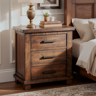 Sunvega Reclaimed Pine Wood Nightstand with Three Drawers and Antiqued Zinc Pulls