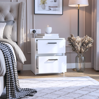 Sunvega White Finish Chequered Nightstand with Two Spacious Drawers