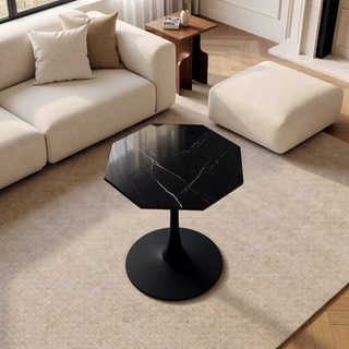 Sunvega Modern Octagonal Coffee Table with Printed Black Marble Top and Metal Base