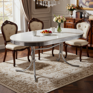Sunvega White and Chrome Oval Dining Table with Sturdy Retro Base for Elegant Dining