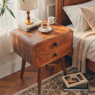 Sunvega Solid Mango Wood Curved Bedside Table with Two Drawers Honey Caramel Finish