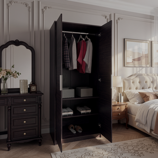 Sunvega Modern Double Door Wardrobe with Hanging Rod and Shelves Black