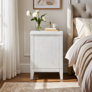 Sunvega Distressed White Nightstand with Two Roomy Drawers and Stepped Design