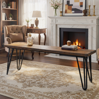 Sunvega Industrial Wood Dining Bench with Rustic Dark Pine Finish and Hairpin Legs