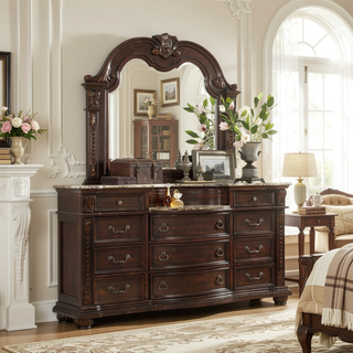 Sunvega Dark Walnut Wood Dresser with 11 Spacious Drawers and Carved Details