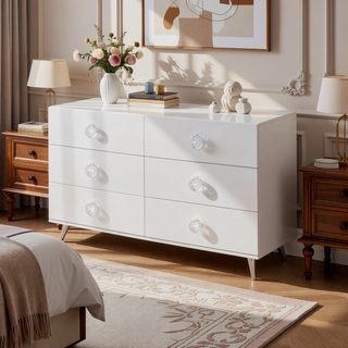 Sunvega White 6-Drawer Dresser with Chrome Hardware and Metal Hairpin Legs