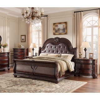 Sunvega Traditional Brown Cherry Finish Marble Top Three Drawer Nightstand