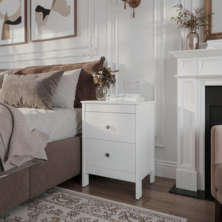 Sunvega White Nightstand with Two Spacious Drawers and Classic Knob Hardware