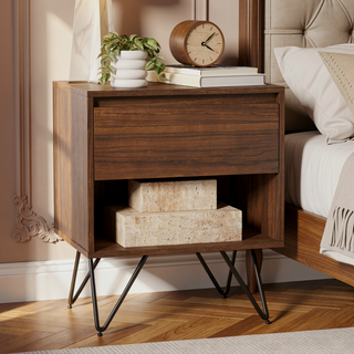 Sunvega Modern Industrial Walnut Veneer Nightstand with Drawer and Open Shelf