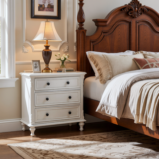 Sunvega White 2-Drawer Nightstand with Floral Motifs and Felt Lined Top