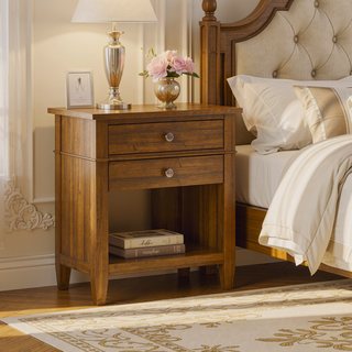 Sunvega Light Golden Brown Solid Wood Bedside Table with Two Spacious Drawers