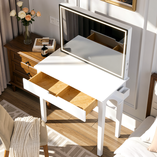 Sunvega White Dimmable LED Vanity Desk Set With Mirror And Storage Drawer