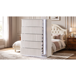Sunvega Contemporary White 5-Drawer Chest with Diamond-Patterned LED Side Accents and Textured Fronts