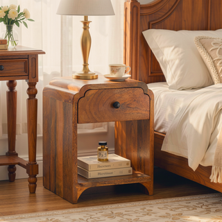 Sunvega Handcrafted Solid Mango Wood Nightstand with Drawer and Open Shelf
