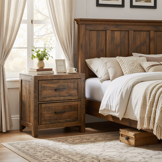 Sunvega Caramel Brown Rustic Style Nightstand with Two Drawers for Bedroom