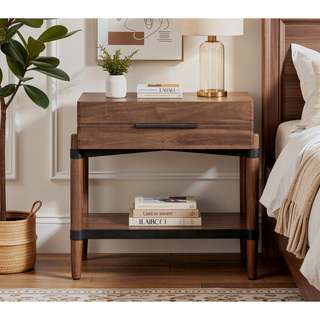 Sunvega Walnut Finish Minimal Assembly Nightstand with Drawer and Shelf
