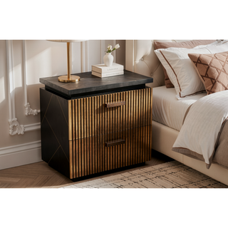 Sunvega Modern Mango Wood Nightstand with Brass Metal and Two Spacious Drawers