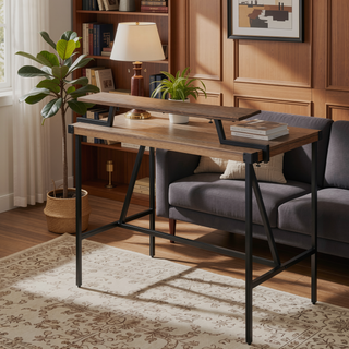 Sunvega Industrial Black Metal and Brown Wood-Pressed Grain Bamboo Counter Table