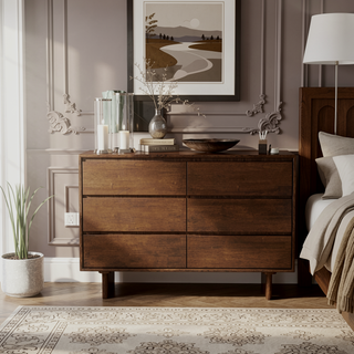 Sunvega Mid Century Modern Walnut Brown Dresser With Six Spacious Drawers