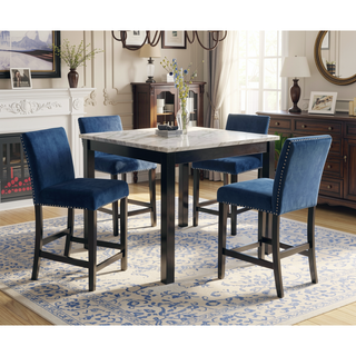 Sunvega Contemporary White Faux Marble Dining Table with 4 Blue Velvet Chairs