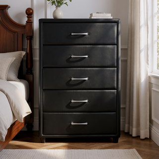 Sunvega Black Faux Leather Nightstand with Two Drawers and Silver Bar Pulls