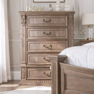 Sunvega Transitional Weathered Oak Finish Chest with Dentil Molding and Carved Details