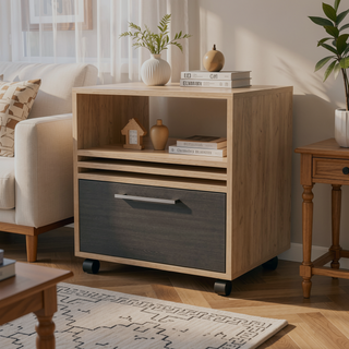 Sunvega Natural Oak Nightstand with Drawer and Open Storage on Wheels
