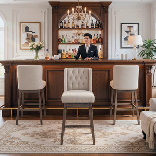 Sunvega Set of Two 180 Degree Swivel Bar Stools with Button Tufted Backs and Footrests