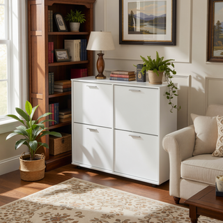 Sunvega White Tilt-Out 4-Door Storage Cabinet with Modern Industrial Design