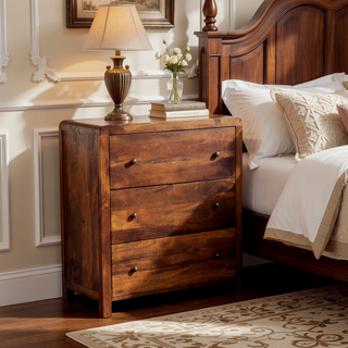 Sunvega Solid Mango Wood Chest with 3 Drawers and Sleek Chestnut Finish