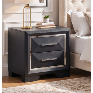 Sunvega Modern Black Wood Veneer Nightstand with Two Drawers for Bedroom