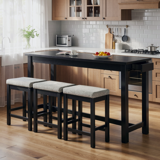 Sunvega White Counter Height Dining Set with USB Ports and Fabric Stools