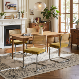 Sunvega Mid Century Modern Dining Chairs Set of 2 with Velvet Upholstery and Natural Rattan Back