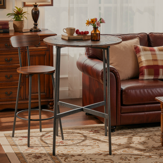 Sunvega Multi Pine Wood Finish Round Bar Table with Gun Metal Frame