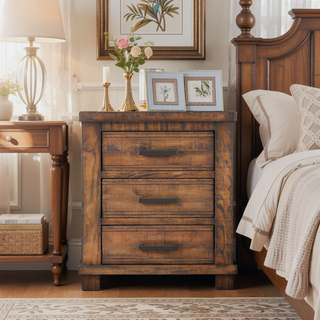 Sunvega Reclaimed Pine Wood Nightstand with Three Drawers and Antiqued Zinc Pulls