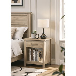 Sunvega Light Oak Finish Nightstand with Drawer and Open Shelf