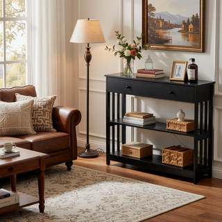 Sunvega Extra Wide Pull Out Drawer Console Table with Slatted Wood Frame Design