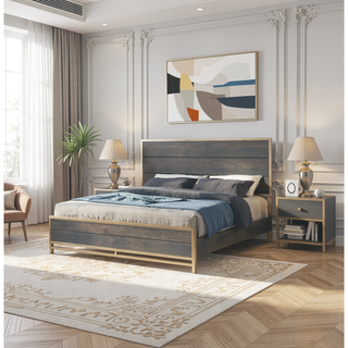 Sunvega Contemporary Gray Finish Nightstand with Gold Metallic Accents and Two Drawers